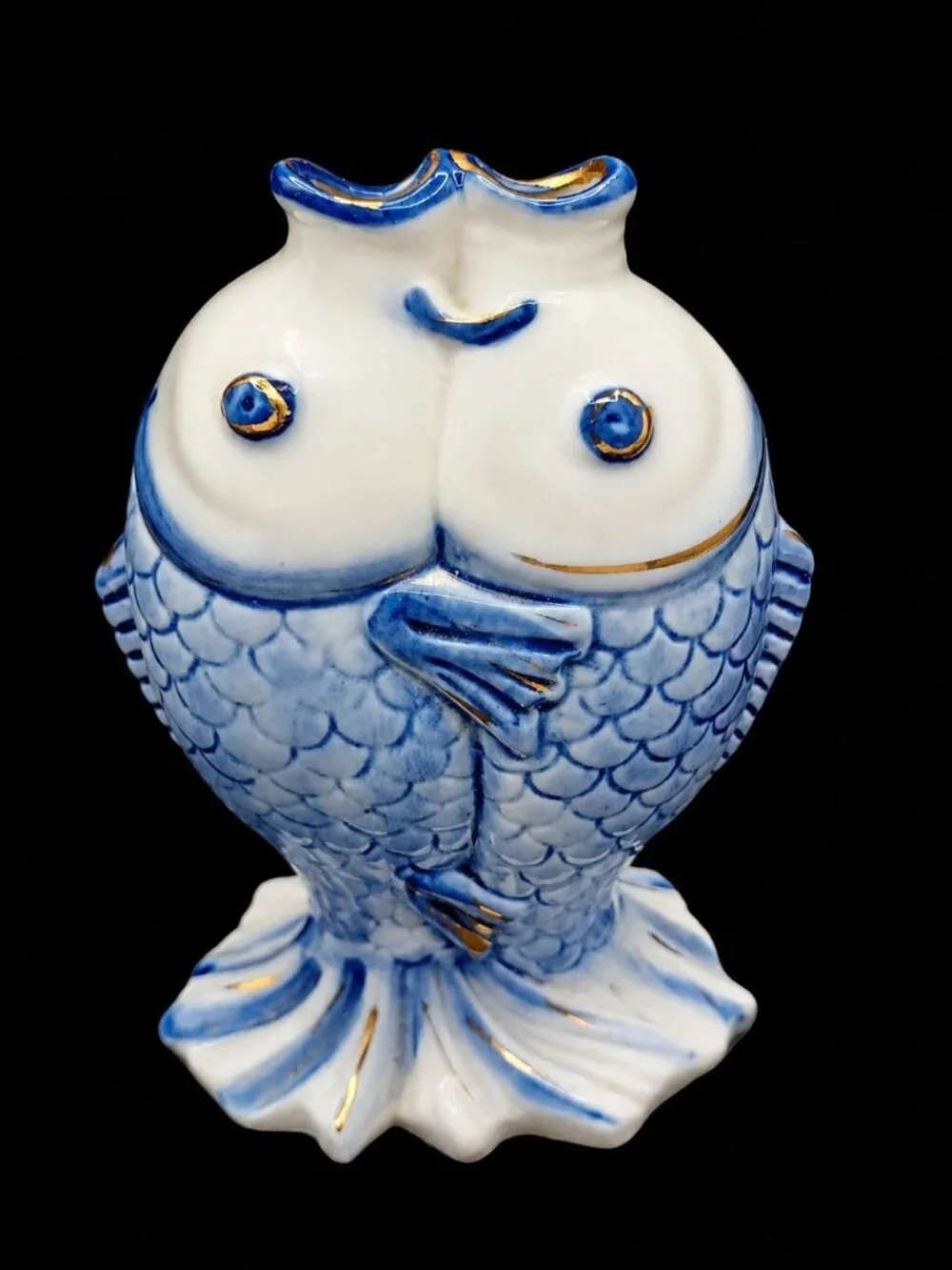 Mid-Century Modern Kissing Chinese Koi Fish Vase Figurine Blue White Porcelain
